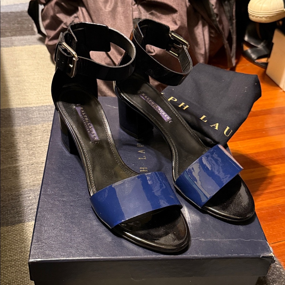 Ralph Lauren Purple Collection Black and Navy patent leather Paloma Sandals